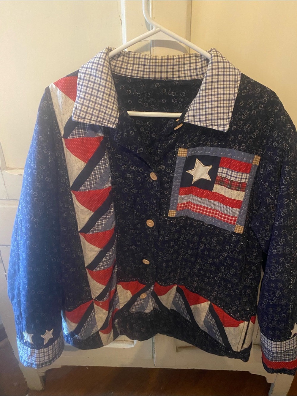 Women's Navy Patchwork Button-Down Jacket with Star Pocket Reverseable